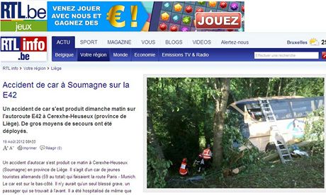 Stránka belgického webu www.rtl.be informuje o nehod autobusu.