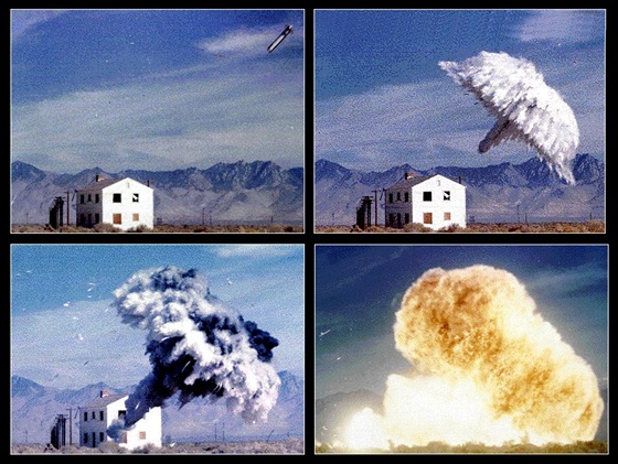 Exploze bomby FAE (Fuel/Air Explosive), která funguje podobně jako termobarické...
