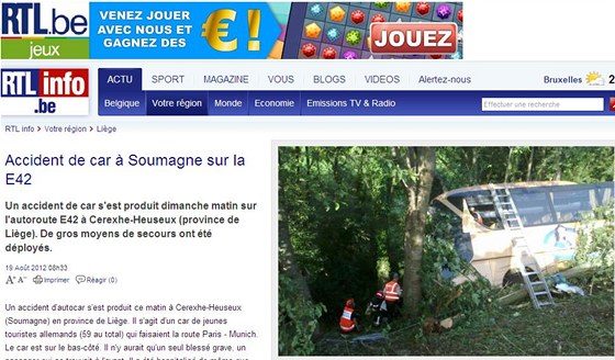 Stránka belgického webu www.rtl.be informuje o nehod autobusu.