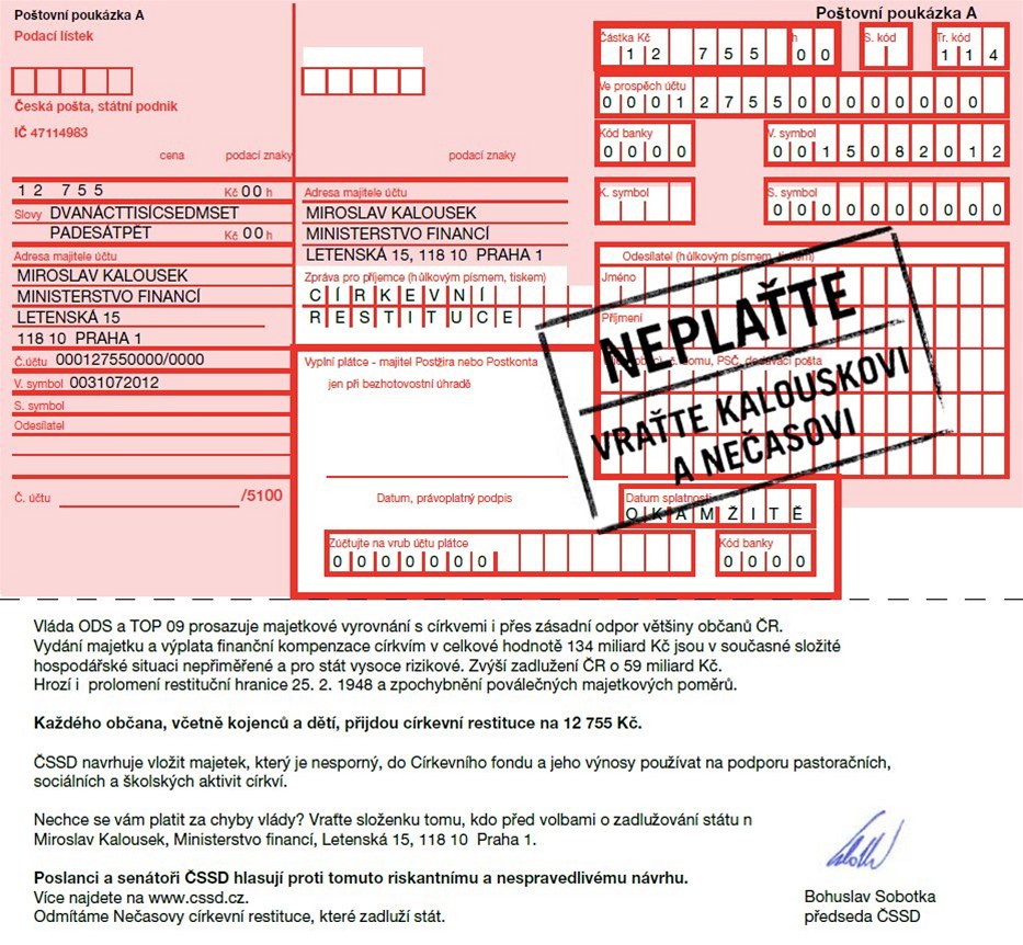 Slo�enka, kterou bude �SSD rozesílat v rámci kampan� proti církevním restitucím.