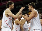BRATI VE FINÁLE. panltí basketbalisté Pau a Marc Gasol se radují z postupu
