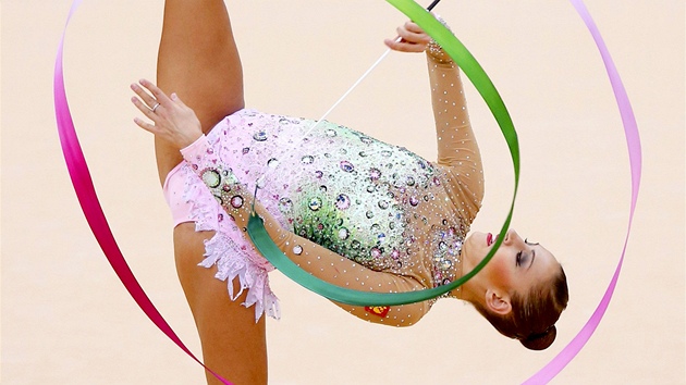 Zlatou medaili v gymnastice zskala Ruska Jevgenija Kanaevov. (11. srpna 2012)