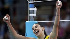 Brazilská volejbalistka Sheilla Castrová slaví zlato z londýnské olympiády.