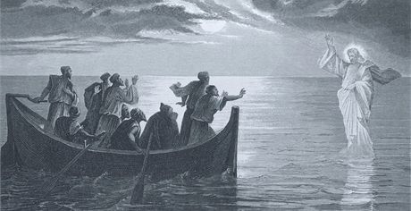 Jeí Kristus kráí po hladin Galilejského jezera. Americká ilustrace z 19.