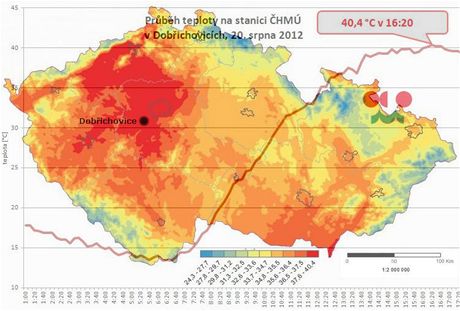 Teplotní mapa spojená s grafem z Dobichovic ve Stedoeském kraji, kde v