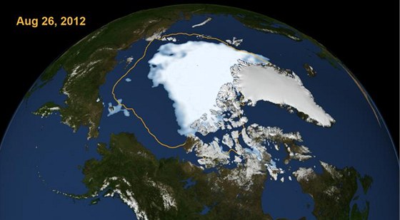 Rozloha ledu pokrývajícího Severní ledový oceán k datu 26. srpna 2012. Oranová