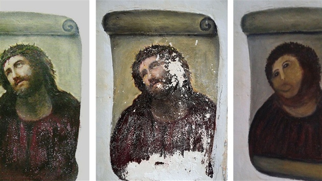 Freska Ježíše Krista z kostela ve španělském města Borja - zleva v roce 2010, uprostřed letošní snímek fresky s oprýskanými barvami. V pravo je obraz v současném stavu - po zásahu důchodkyně, která se rozhodla dílo zrestaurovat