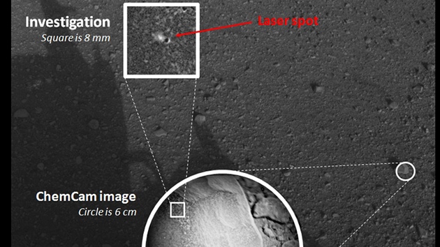 První test laseru na Marsu. Postupné zvětšení horniny a její části, kam pojízdná laboratoř Curiosity vypálila malý otvor.