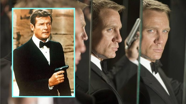 Roger Moore coby James Bond (1974) a Daniel Craig ve stejné roli (2008)
