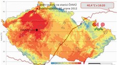 Teplotní mapa spojená s grafem z Dobichovic ve Stedoeském kraji, kde v