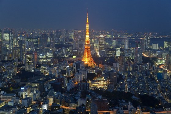 V pohledu na noní Tokio jasn záí Tokijská v, která je se svými 332,6 metru