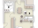 Pdorys: 1/ lonice, 2/ koupelna + WC, 3/ kuchy, 4/ vstupní hala, 5/ obývací...