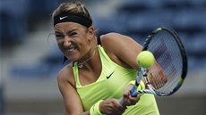 ÚSILÍ. Bloruská tenistka Viktoria Azarenková zasahuje míek pi tvrtfinále US