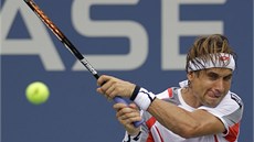 TAKHLE JO? David Ferrer po jednom z úder� v utkání t�etího kola US Open proti