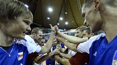 VÍTĚZNÝ MLÝNEK. Čeští volejbalisté se radují po výhře nad Makedonií.