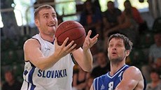 Slovenský rozehráva� Roman Marko (vlevo) zakon�uje v utkání s Islandem.