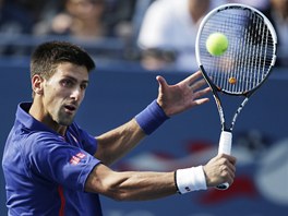 KONCENTRACE. Novak Djokovi se soustedí na volej ve finále US Open proti...