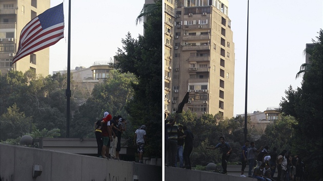 Rozzuen Egypan demonstrovali kvli filmu, kter hanob proroka Mohameda, ped americkou ambasdou v Egypt. Roztrhali a splili americkou vlajku (11. z 2012)