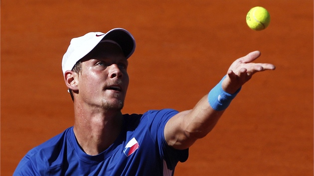 NA PODN. Tom Berdych podv v semifinlovm utkn Davisova pohru proti Argentinci Juanu Mnaovi.