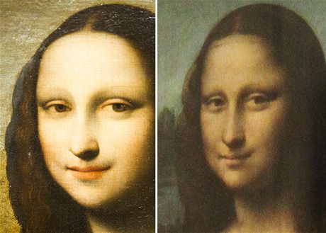Srovnání Mony Lisy, pedstavené v enev (vlevo), a klasického obrazu,