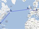 Mapka trasy osudného letu: Praha - Shannon - Gander - Havana. 