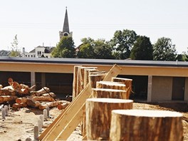 Stavba neolitického domu u nového muzea pravku ve Vestarech na Královéhradecku