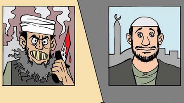 Slun muslim se pod svtlem z "americk svtilny" mn v zuivho teroristu. Karikatura egyptskho listu al-Watan.