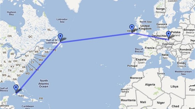 Mapka trasy osudnho letu: Praha - Shannon - Gander - Havana. 