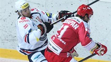 Chomutovský Michael Frolík (vlevo), posila z NHL, v souboji s t�ineckým Luká�em