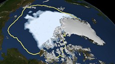 Mapa ledu v Arktid� k 16. zá�í 2012. �lutá �ára nazna�uje, kde kon�íval led v...