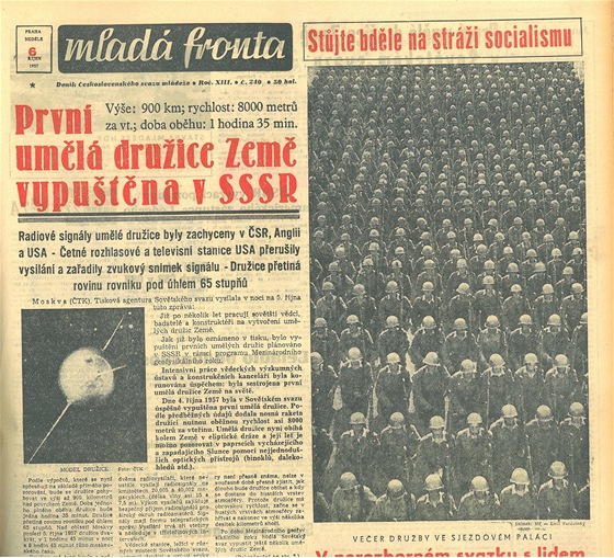 Titulní strana z 6. října 1957. Zveřejněný model družice vůbec neodpovídá...