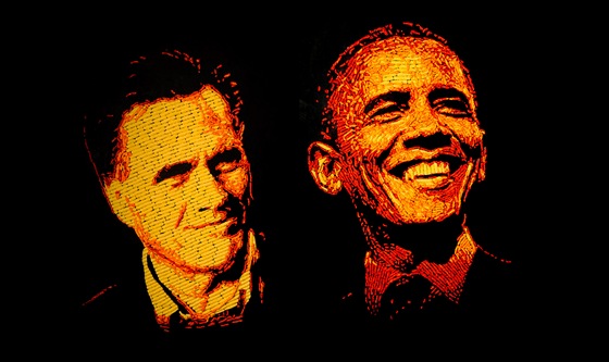 Portréty Mitta Romneyho a Baracka Obamy poskládané ze sýrových snack