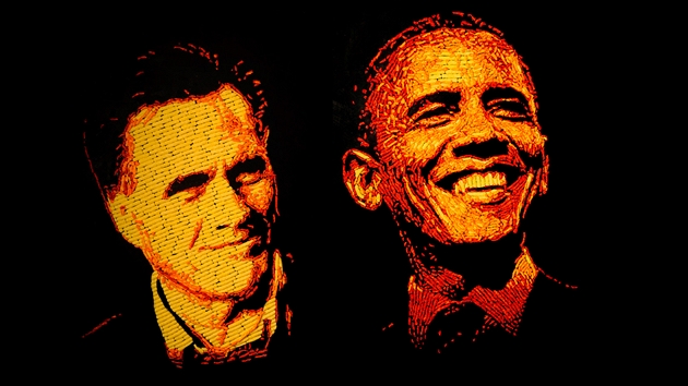 Portréty Mitta Romneyho a Baracka Obamy poskládané ze sýrových snack