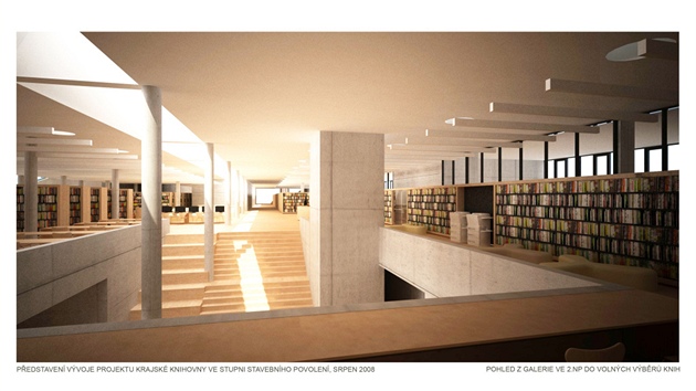 Pohled na schodiště a regály plné knih. I taková je vize krajské knihovny. 