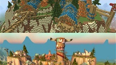 Svět on-line hry World of WarCraft (dolní obrázek) ve hře Minecraft (horní