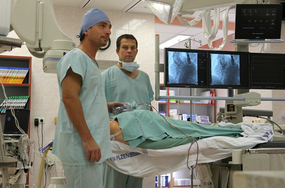 Kardiologická operace zúené chlopn novou metodou ve Fakultní nemocnici v Plzni. Na snímku zleva operatéi kardiolog Viktor Zlocha a intervenní kardiolog Jan Peek.