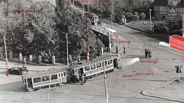 N�mecký situa�ní snímek �libe�ské zatá�ky� v Praze 8, který vznikl p�i rekonstrukci. Heydrich�v mercedes stojí v levé �ásti snímku. P�ed ním je tramvaj �. 3 a �erven� je nov� zakreslena tramvaj �. 14.