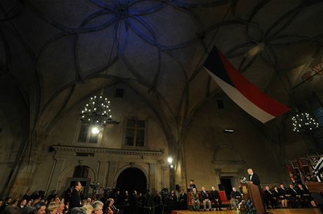 Prezident Václav Klaus pi projevu ve Vladislavském sále Praského hradu, kde