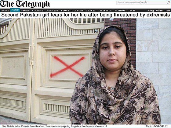 Sedmnáctiletá pákistánská kolaka Hina Chánová elí výhrkám Talibanu.