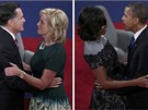 Barack Obama a Mitt Romney se zdraví po debat se svými manelkami (22. íjna