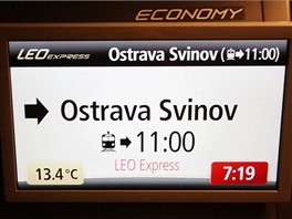 Vnitřní informační systém LEO Expressu zobrazuje základní údaje o jízdě vlaku....