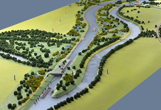 Takto si na jednom z modelů v minulosti představovalo nový plavební kanál u Přelouče Ředitelství vodních cest.