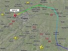Trajektorie letu A380 ped neplánovaným pistáním v Praze