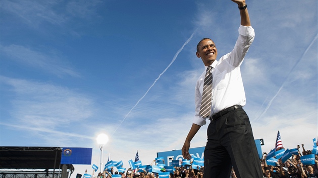 Americk prezident Barack Obama na pedvolebnm mtinku v Las Vegas (2. listopadu 2012)