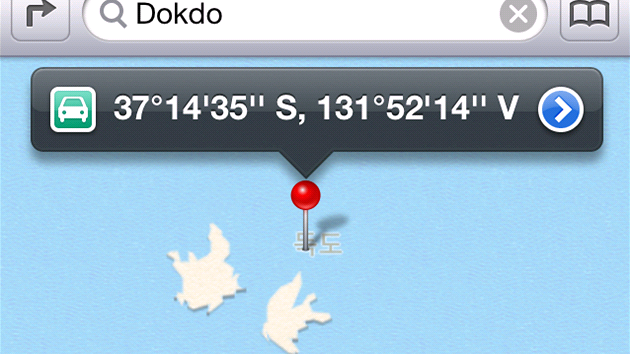 Souostrov Dokdo na mapovch podkladech pro iOS 6.