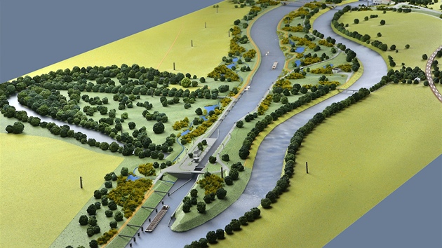 Takto si �editelstv� vodn�ch cest p�edstavuje nov� plavebn� kan�l u P�elou�e, d�ky kter�mu by Labe bylo splavn� a� do Pardubic.