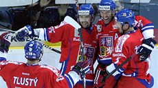 Čeští hokejisté se radují z jednoho ze tří gólu, které vstřelili Švédsku.