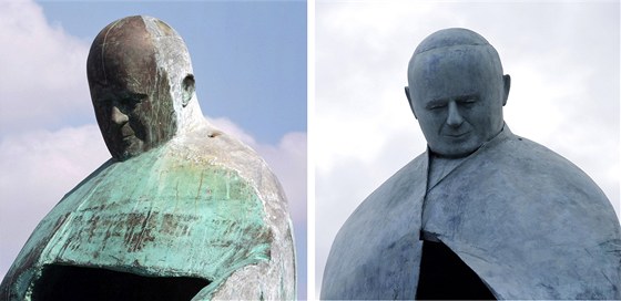 Vlevo pvodní podoba sochy Jana Pavla II. v ím, vpravo její opravená verze...