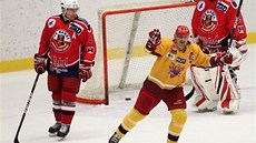 JE TAM! Jihlavský hokejista Martin Filip (ve žlutém) slaví gól proti Havlíčkovu