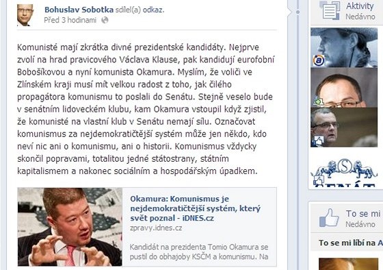 Vez ze facebookovho profilu Bohuslava Sobotky.